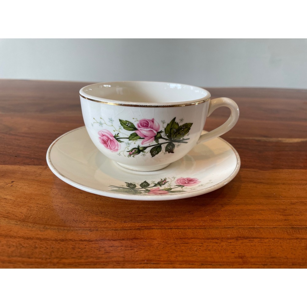 Vintage Pink Rose Tea Cup and Saucer Set Gold Rim USA Made Cottagecore Floral